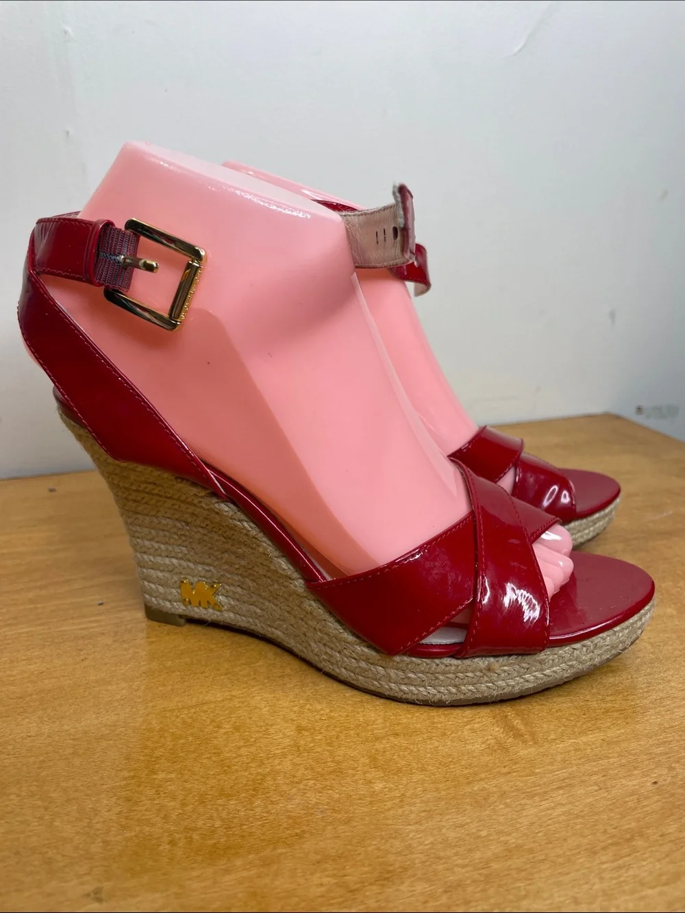 Michael Kors Red Patent Espadrille Wedge Sandals with Gold Buckle. Size 6.5